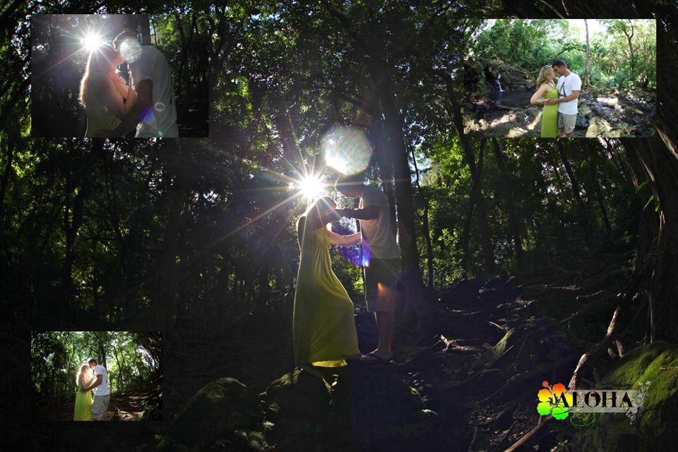 by a hawaiian waterfall in the forest of Hawaii